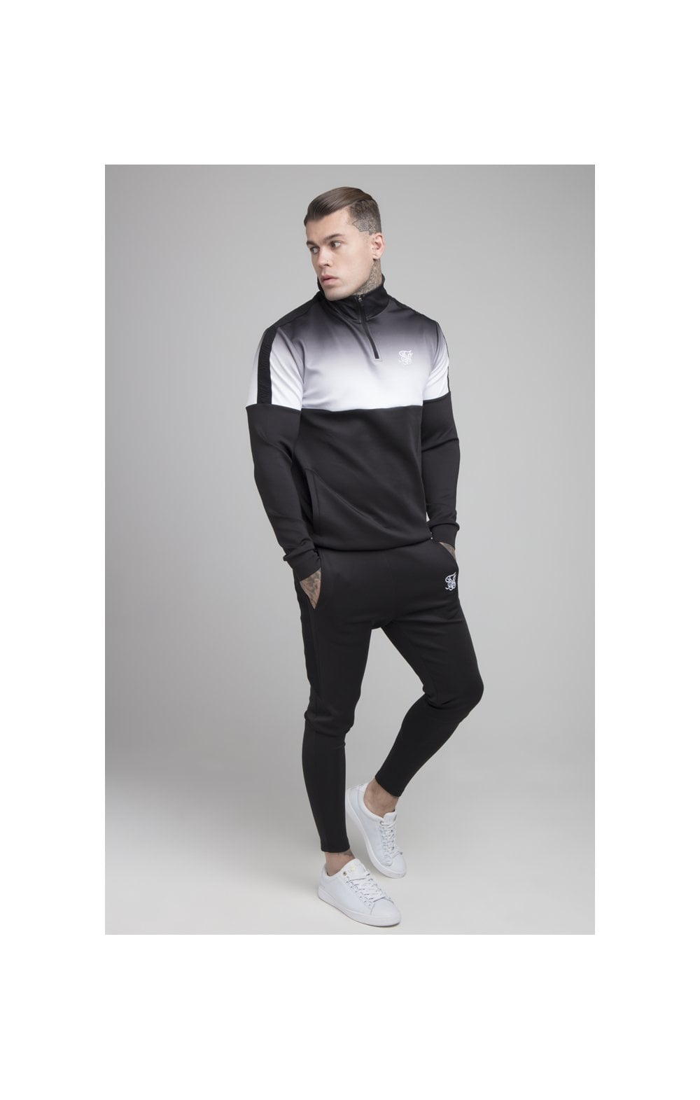 Load image into Gallery viewer, SikSilk 1/4 Zip Fade Track Top - Black &amp; White (2)