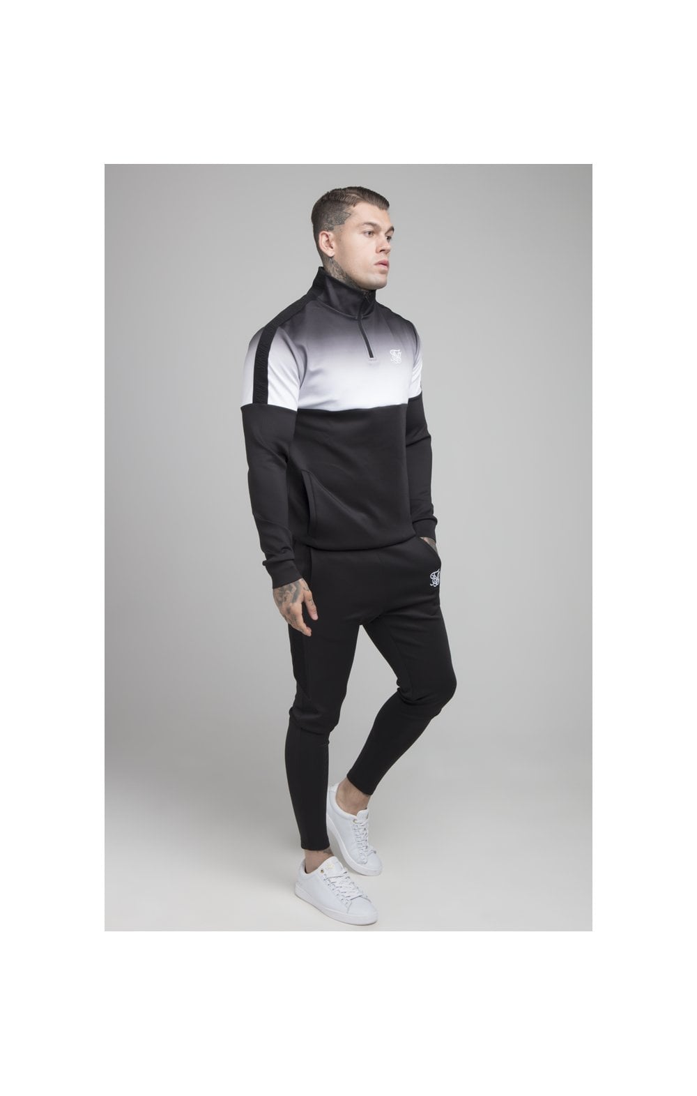 Load image into Gallery viewer, SikSilk 1/4 Zip Fade Track Top - Black &amp; White (3)