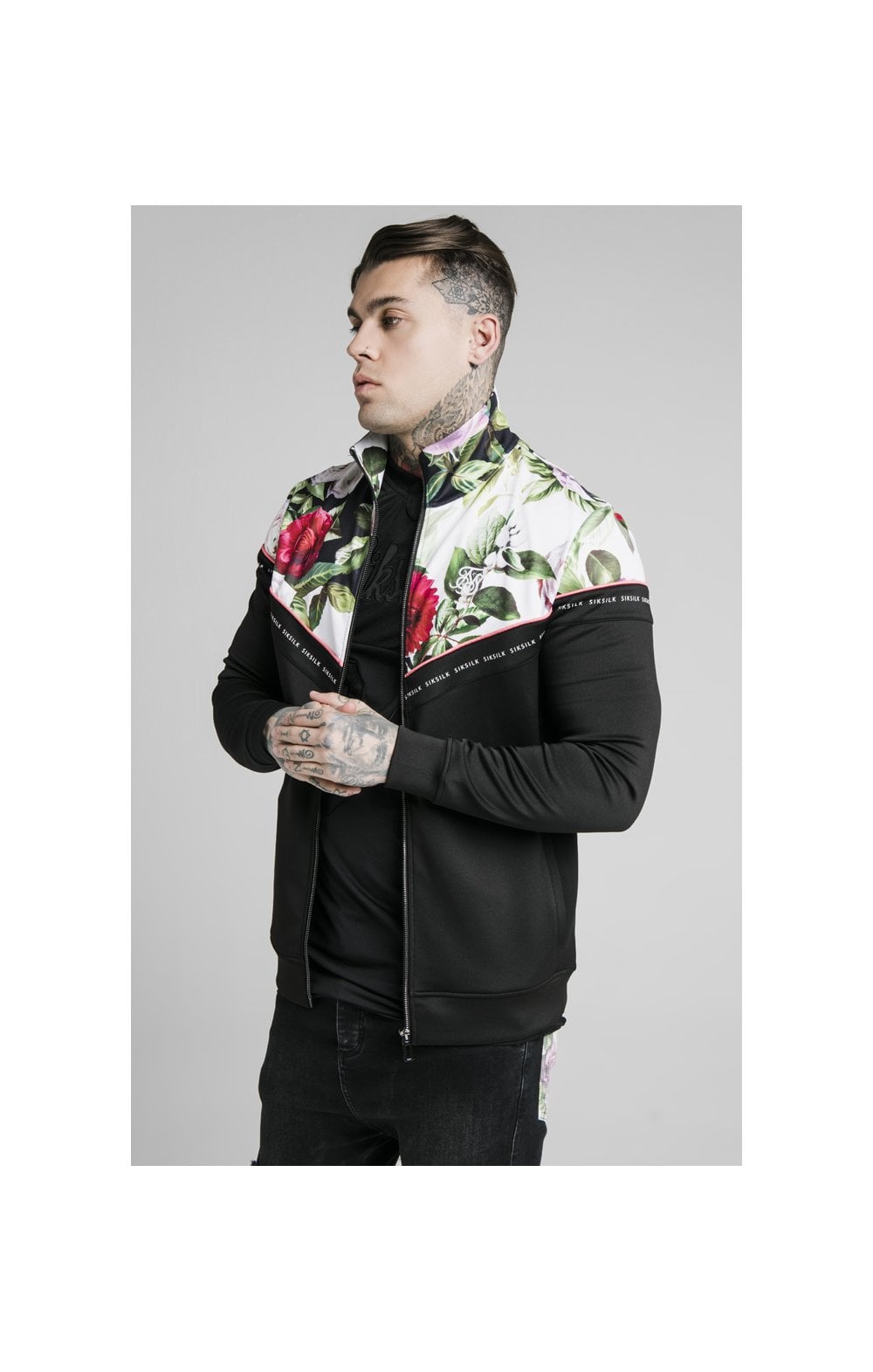 SikSilk Floral Pixel Funnel Neck Zip Through Hoodie - Black u0026 Floral P