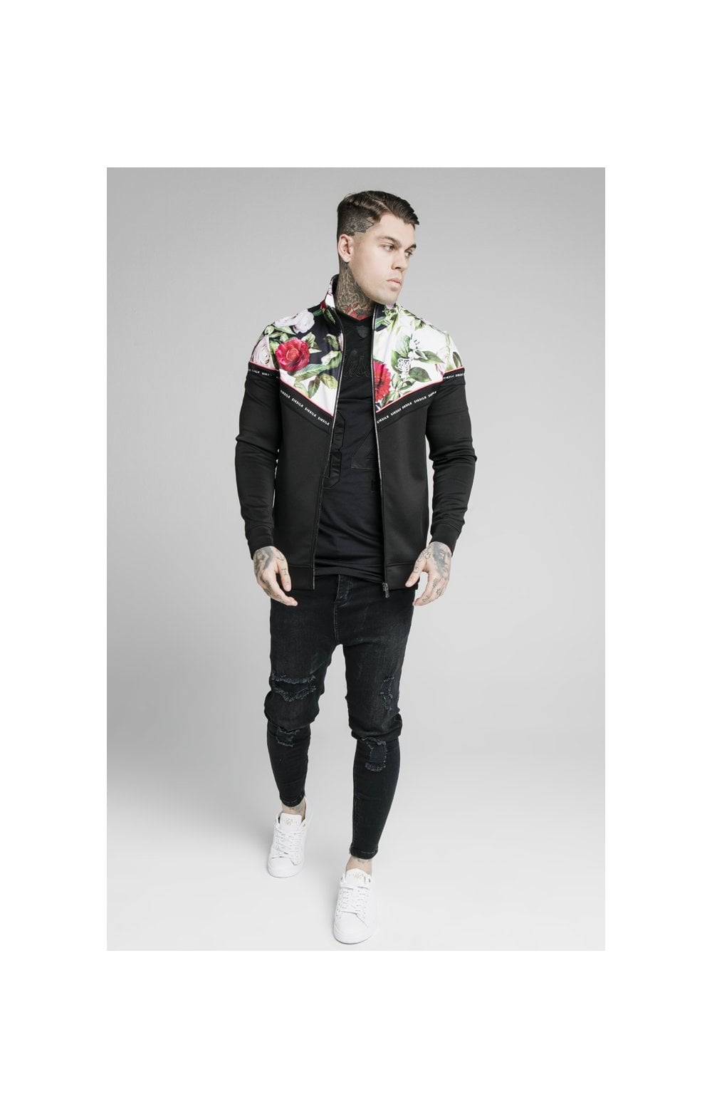 SikSilk Floral Pixel Funnel Neck Zip Through Hoodie - Black u0026 Floral P