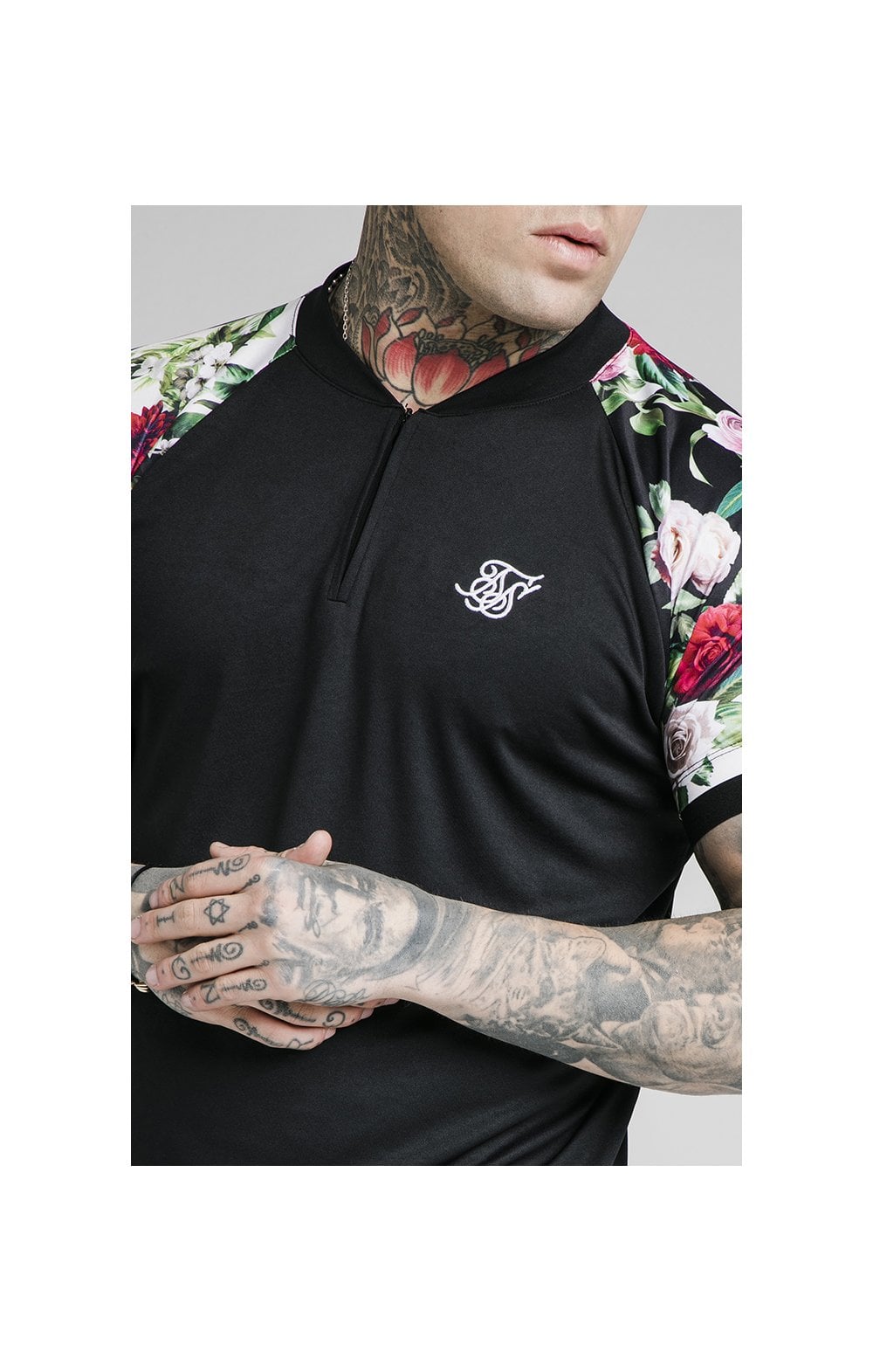 SikSilk S/S Interlock Baseball Tee - Black & Floral Pixel (1)