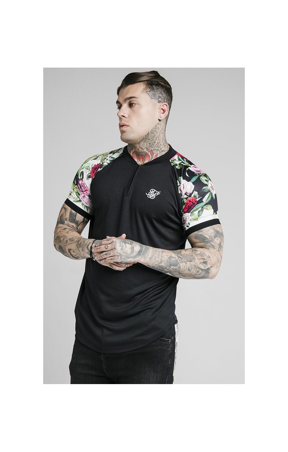 SikSilk S/S Interlock Baseball Tee - Black & Floral Pixel