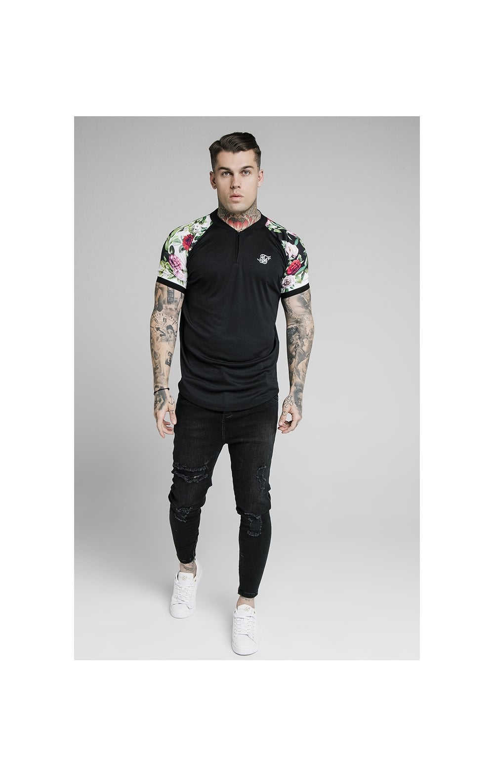 SikSilk S/S Interlock Baseball Tee - Black & Floral Pixel (2)