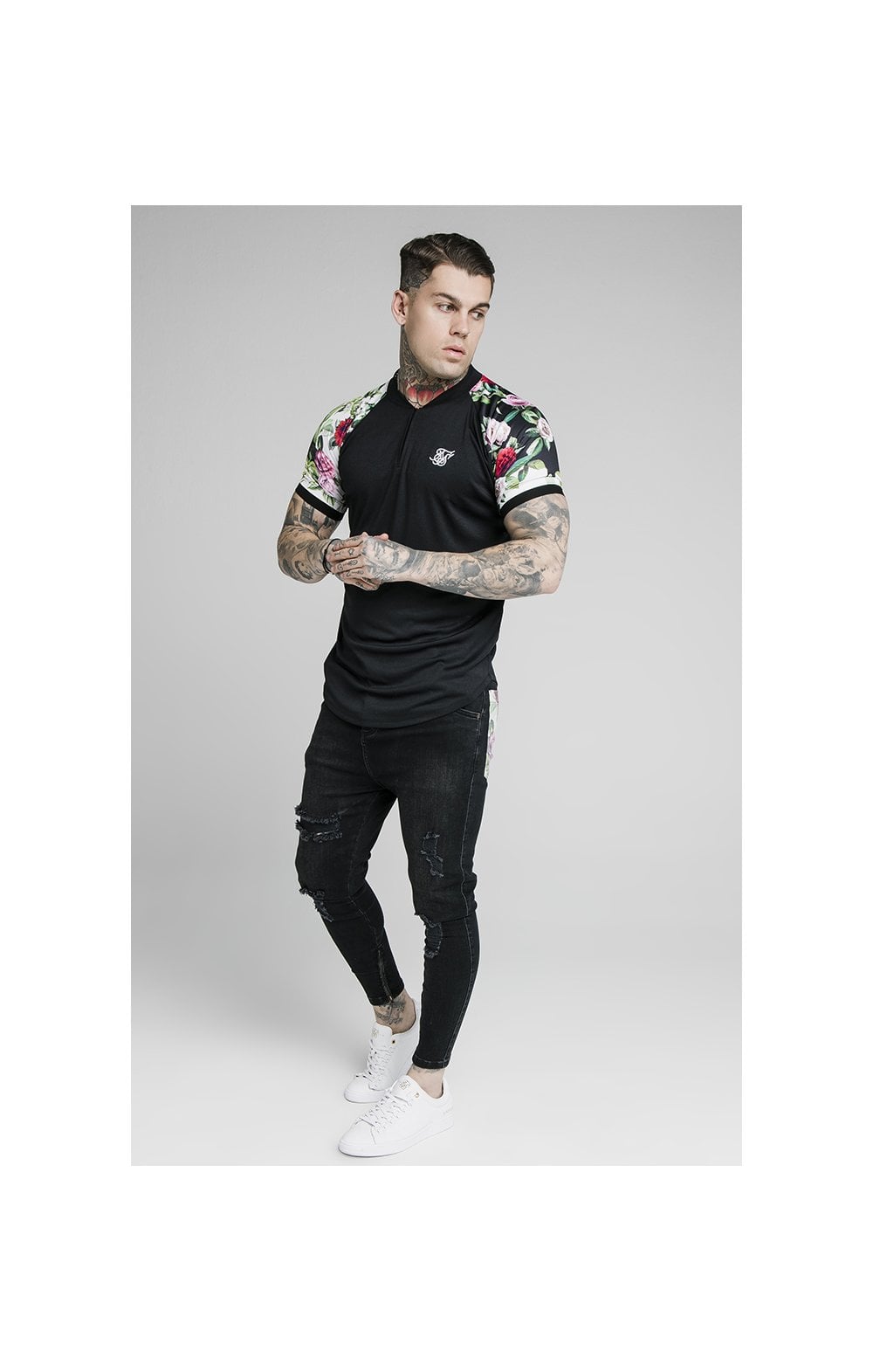 SikSilk S/S Interlock Baseball Tee - Black & Floral Pixel (3)