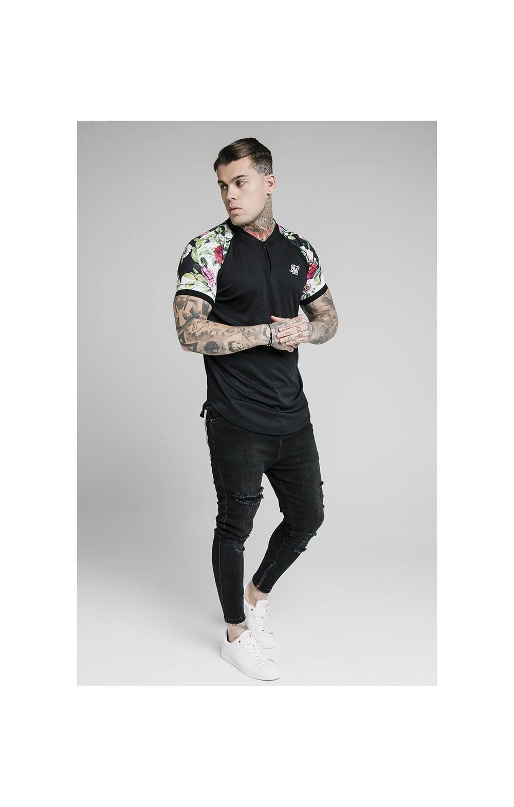 SikSilk S/S Interlock Baseball Tee - Black & Floral Pixel (4)