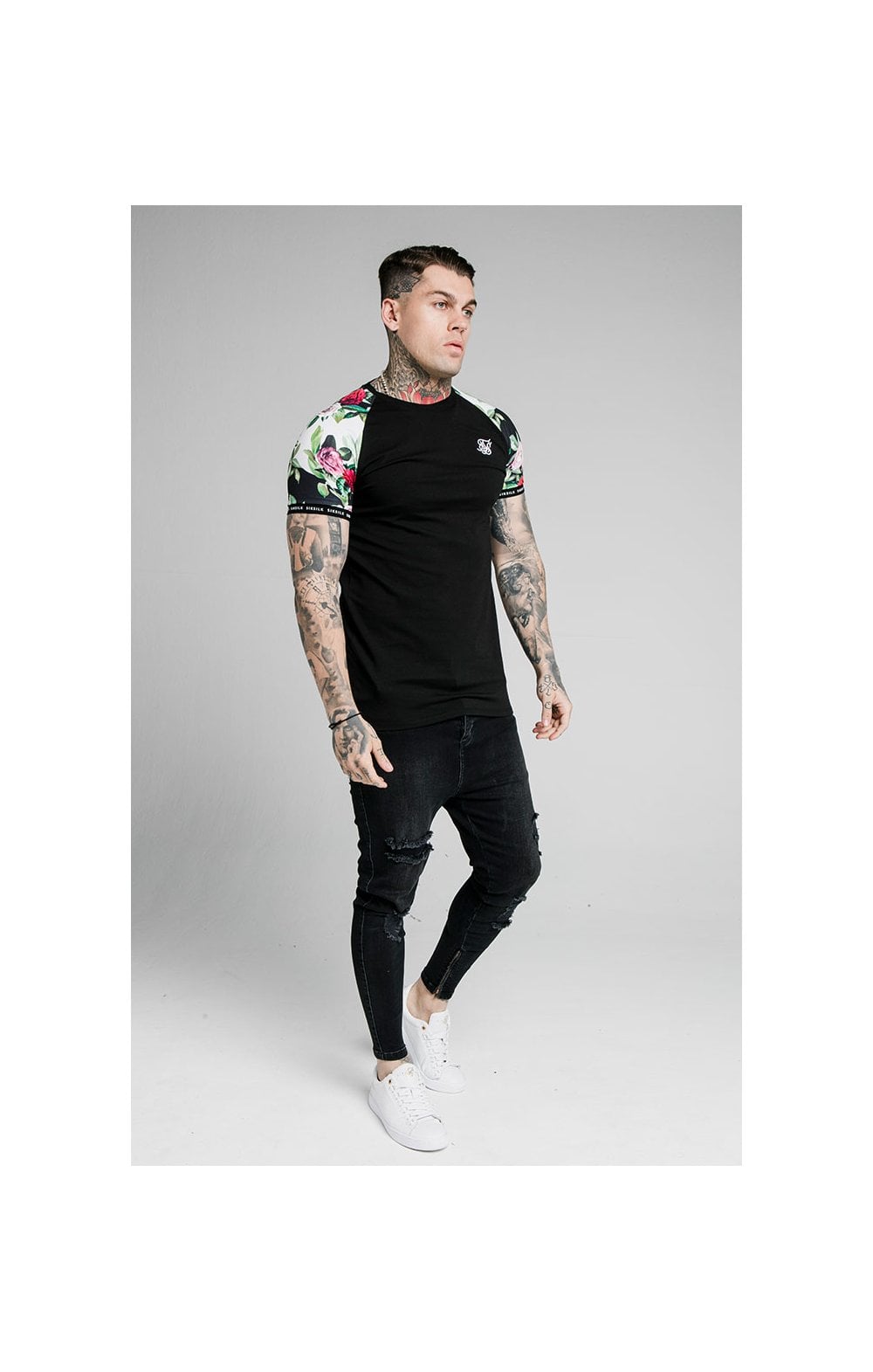 SikSilk S/S Floral Pixel Inset Tech Tee - Black & Floral Pixel