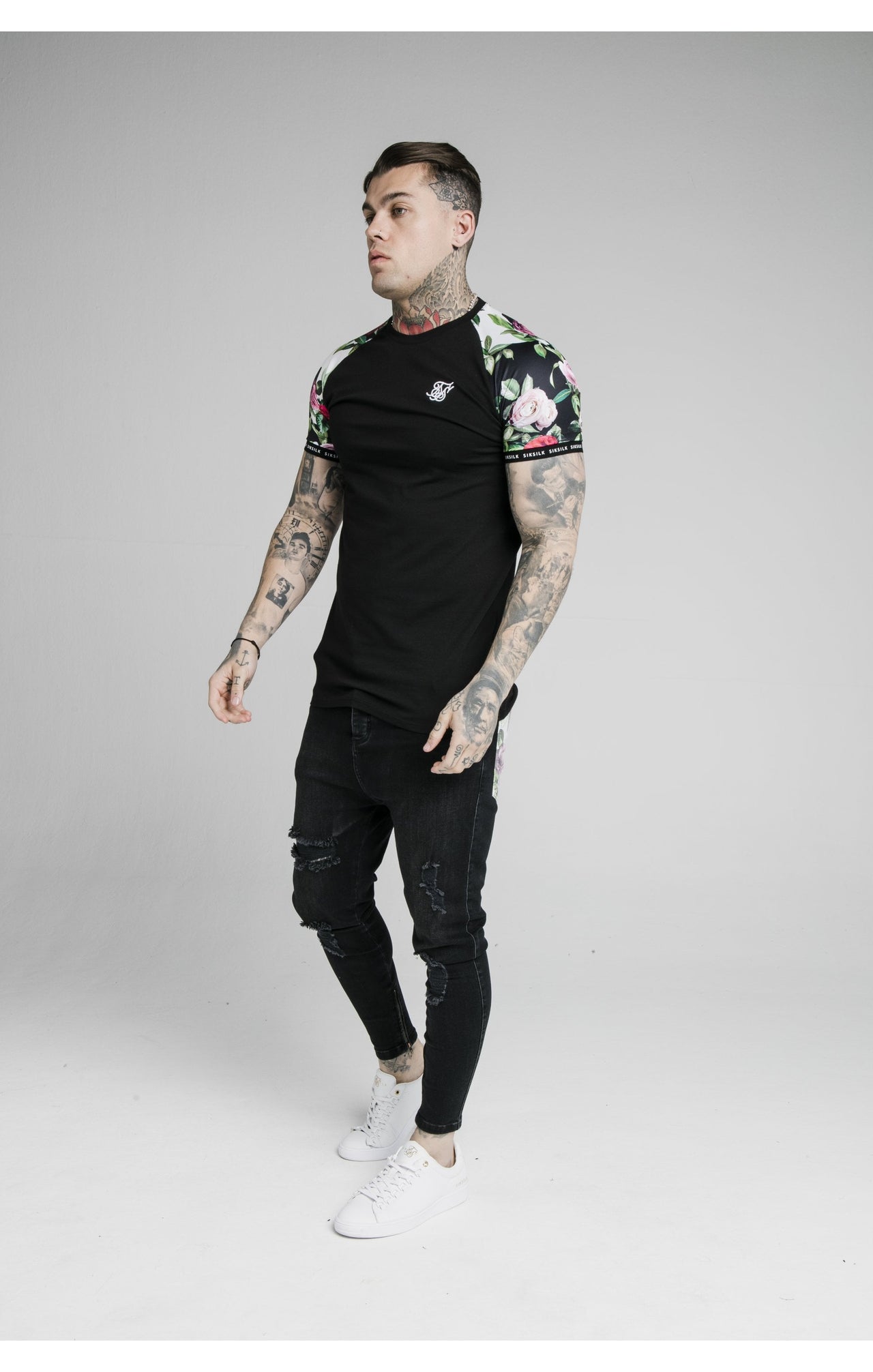 SikSilk S/S Floral Pixel Inset Tech Tee - Black & Floral Pixel (3)