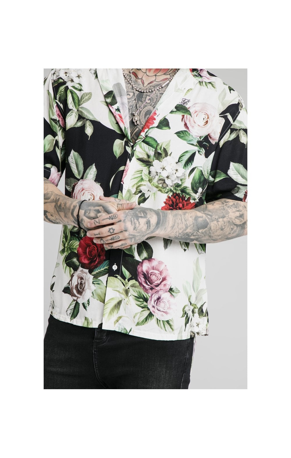 SikSilk Floral Pixel High Collar Resort Shirt - Black & Floral Pixel (1)