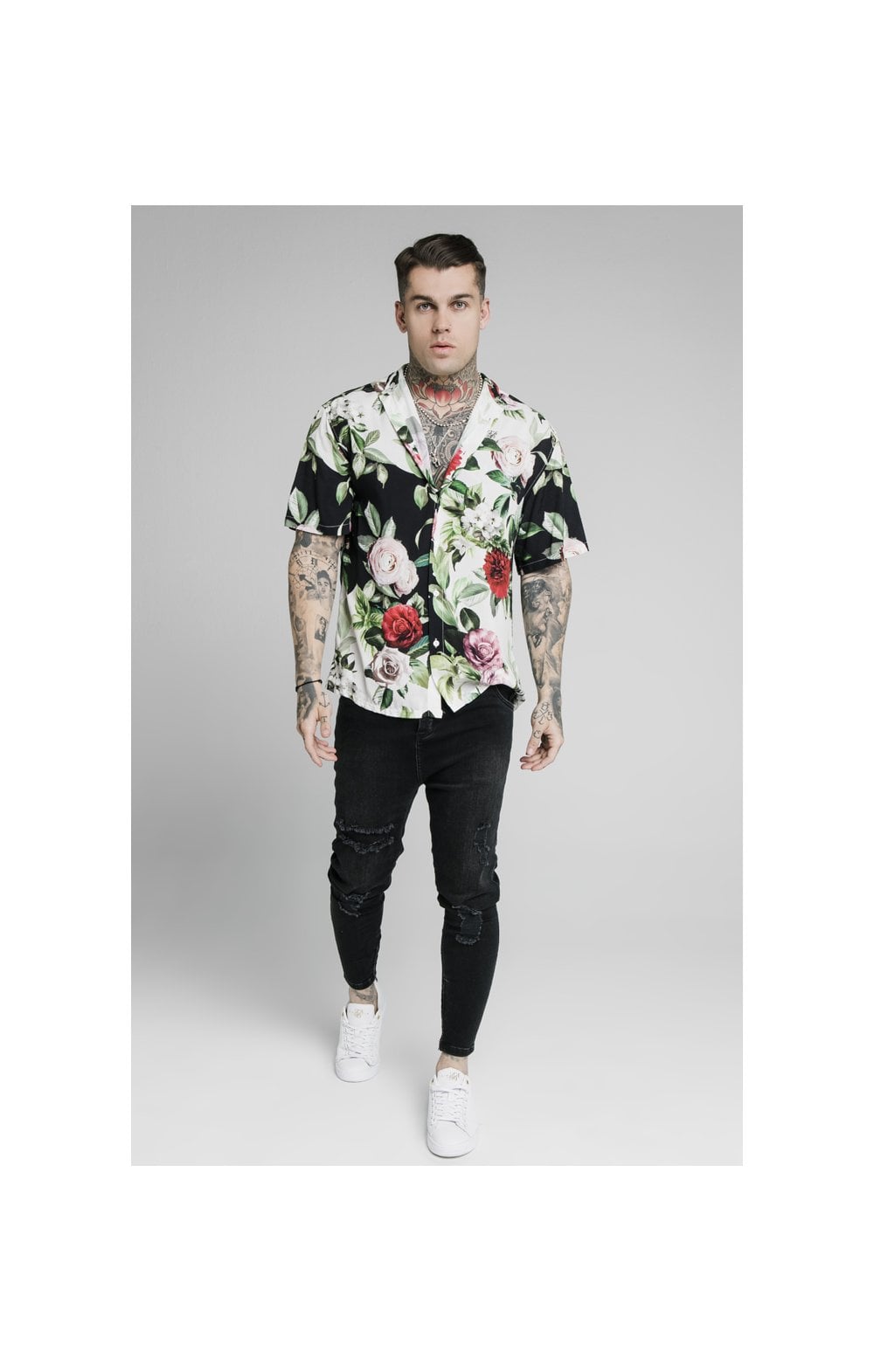 SikSilk Floral Pixel High Collar Resort Shirt - Black & Floral Pixel (3)