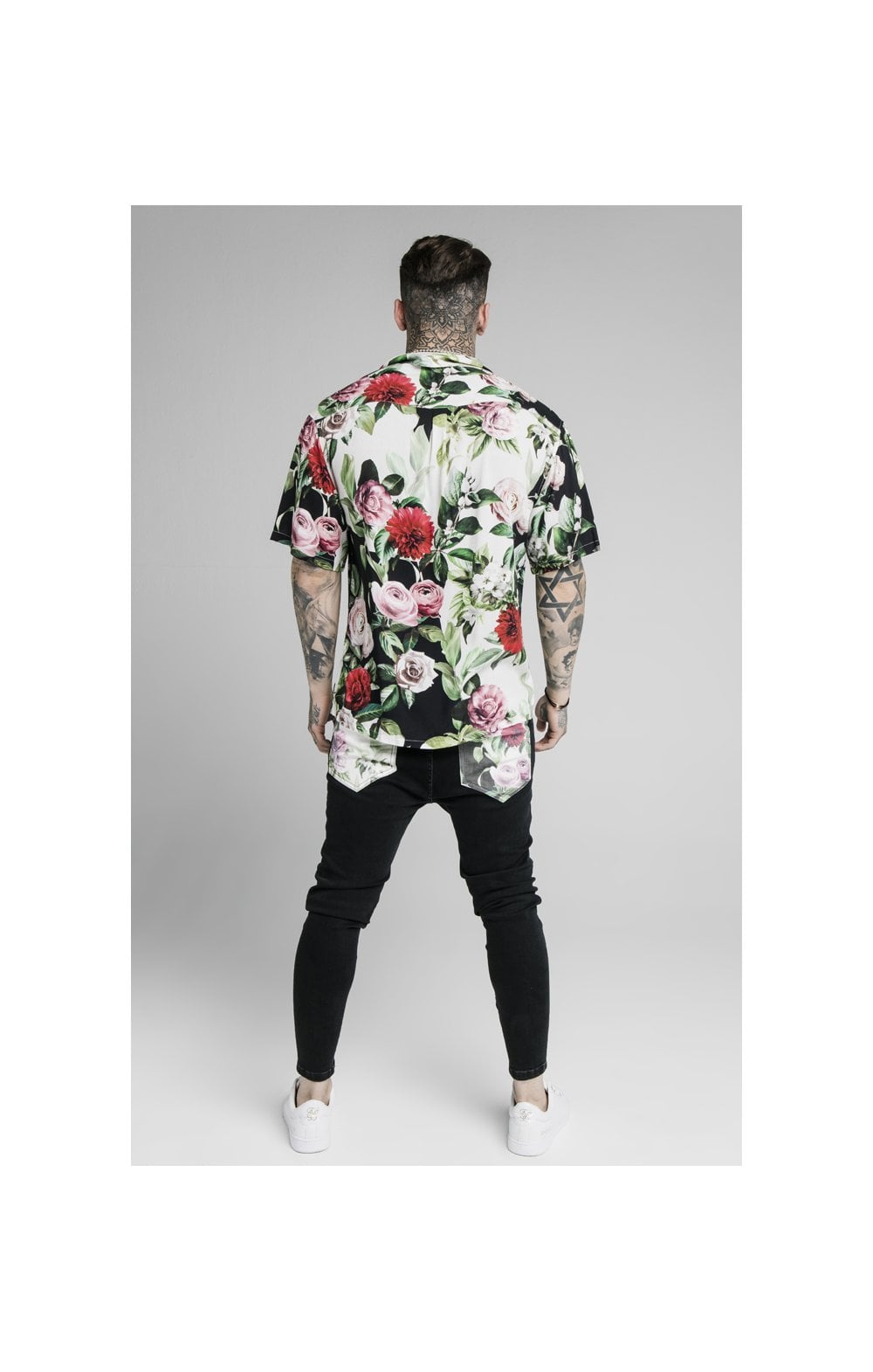 SikSilk Floral Pixel High Collar Resort Shirt - Black & Floral Pixel (5)