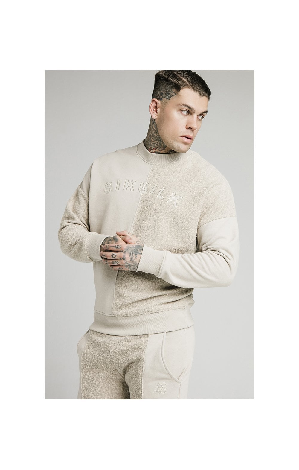 SikSilk Half & Half Crew Sweater - Stone