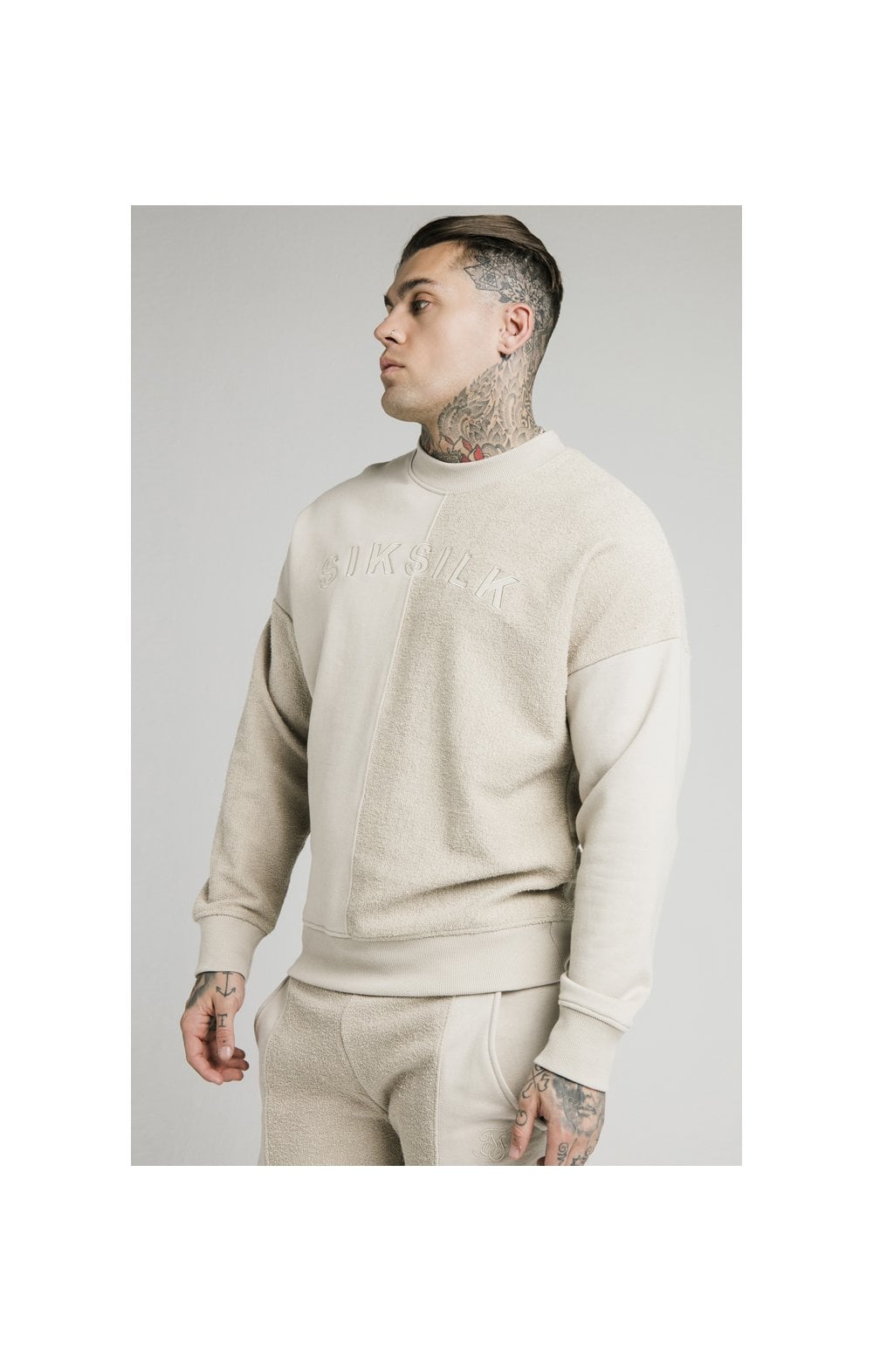 SikSilk Half & Half Crew Sweater - Stone (2)