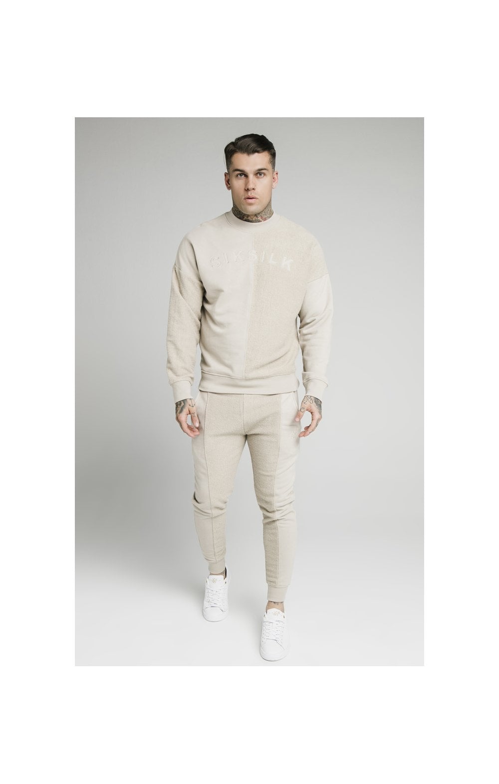 SikSilk Half & Half Crew Sweater - Stone (3)