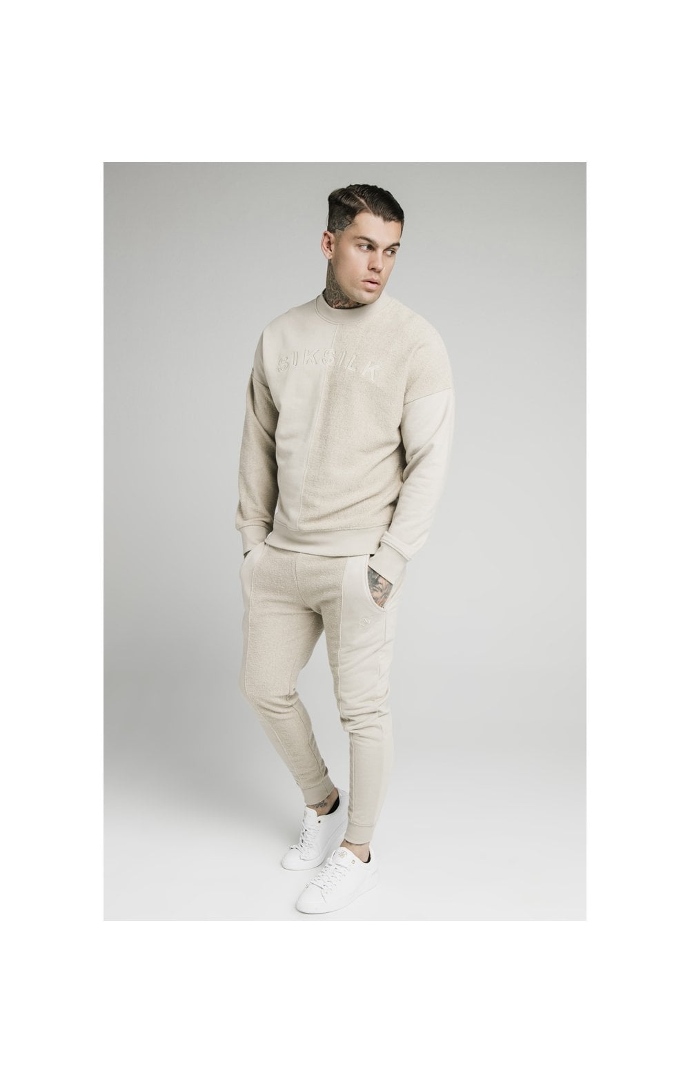 SikSilk Half & Half Crew Sweater - Stone (5)