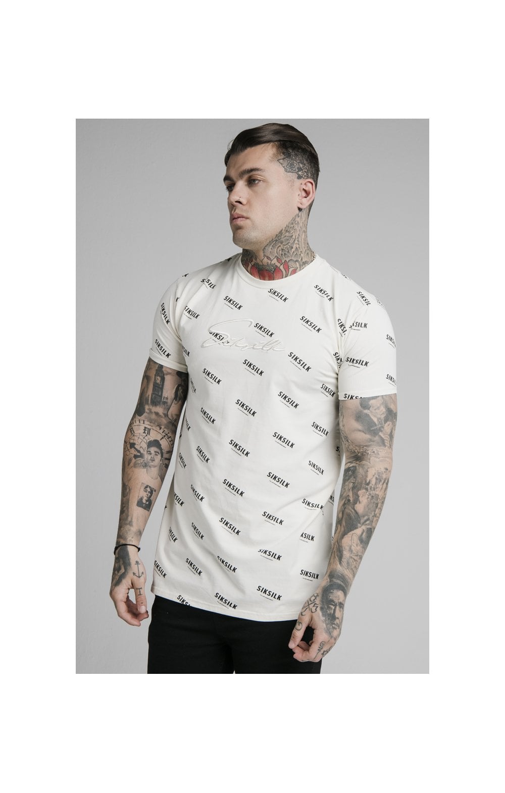 SikSilk Repeat Print Box Tee - Off White