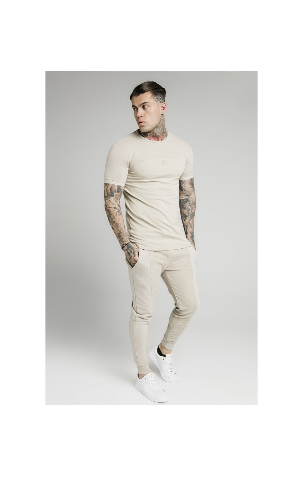 SikSilk Cut & Sew Gym Tee - Stone (2)