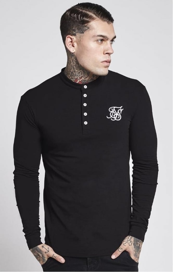 SikSilk Jersey Grandad Collar Tee Black SikSilk NZ