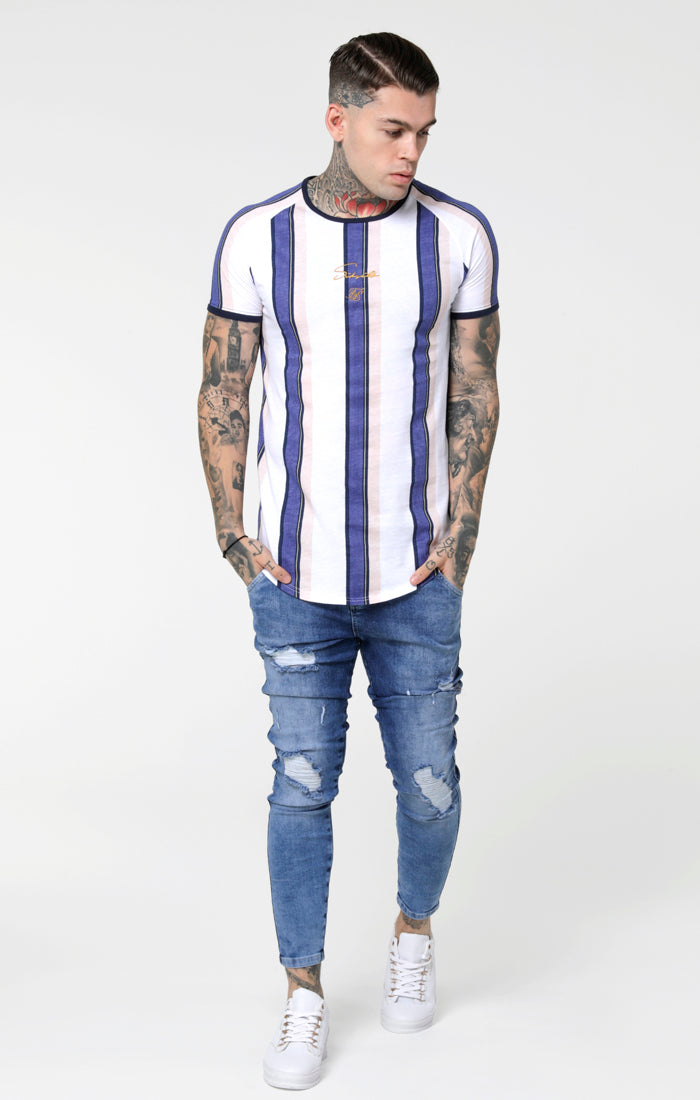 SikSilk Rotary Stripe Raglan Gym Tee - White Navy & Shell (1)