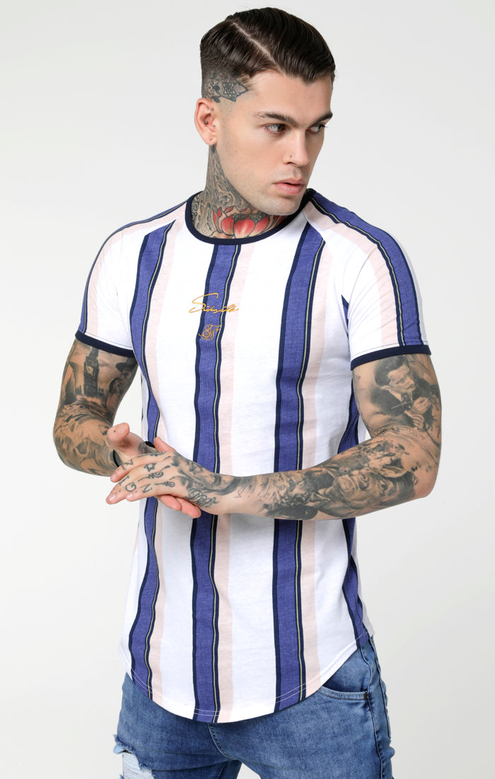 SikSilk Rotary Stripe Raglan Gym Tee - White Navy & Shell