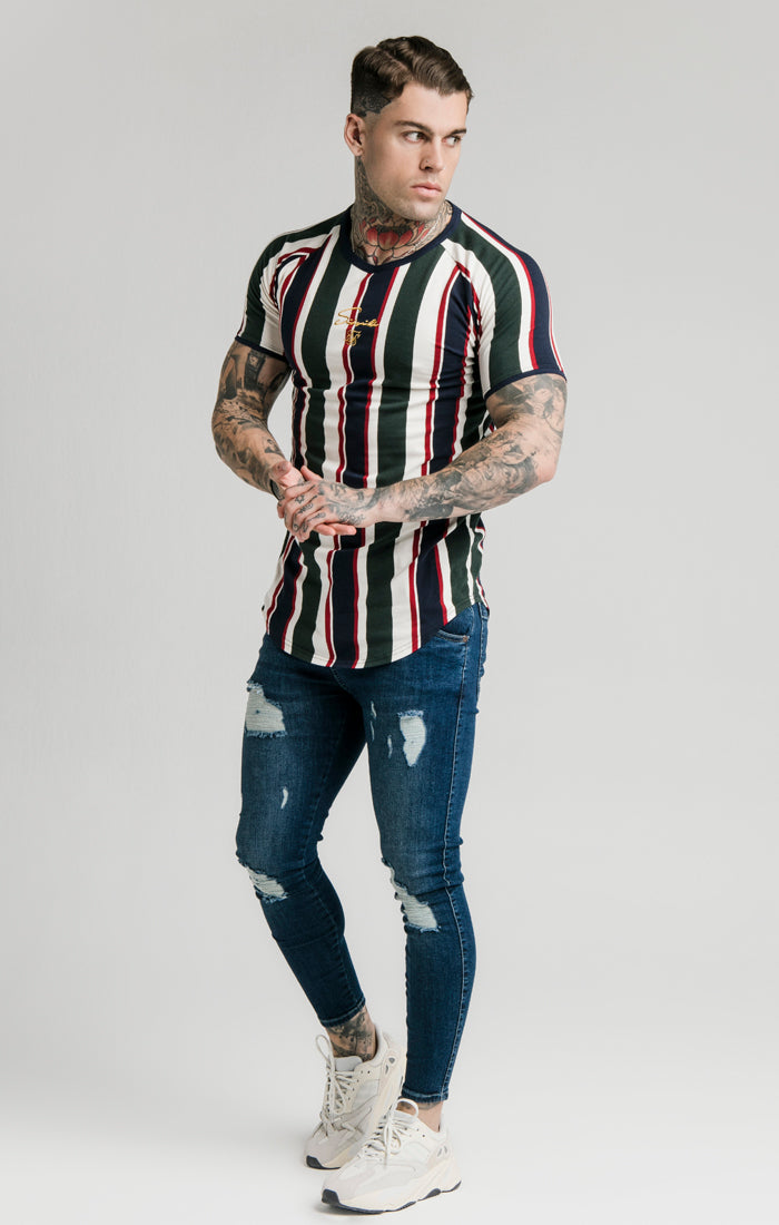 Load image into Gallery viewer, SikSilk Rotary Stripe Raglan Gym Tee - Off White Green &amp; Navy (1)