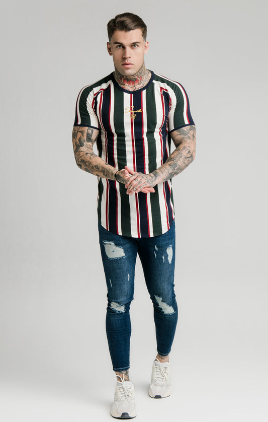 SikSilk Rotary Stripe Raglan Gym Tee - Off White Green & Navy