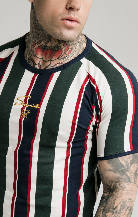SikSilk Rotary Stripe Raglan Gym Tee - Off White Green & Navy