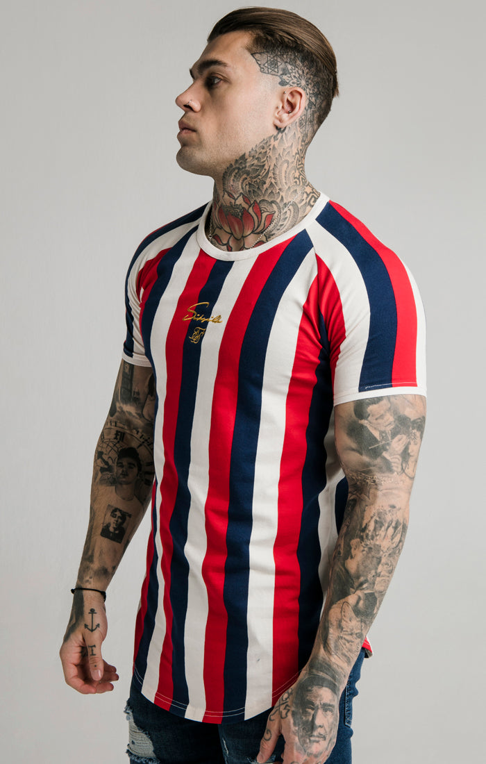 Load image into Gallery viewer, SikSilk Rotary Stripe Raglan Gym Tee - Red Navy &amp; Off White