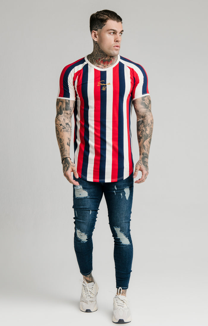 Load image into Gallery viewer, SikSilk Rotary Stripe Raglan Gym Tee - Red Navy &amp; Off White (1)
