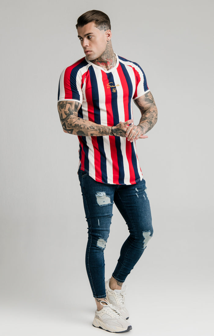 Load image into Gallery viewer, SikSilk Rotary Stripe Raglan Gym Tee - Red Navy &amp; Off White (3)