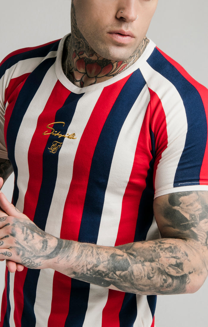 Load image into Gallery viewer, SikSilk Rotary Stripe Raglan Gym Tee - Red Navy &amp; Off White (4)