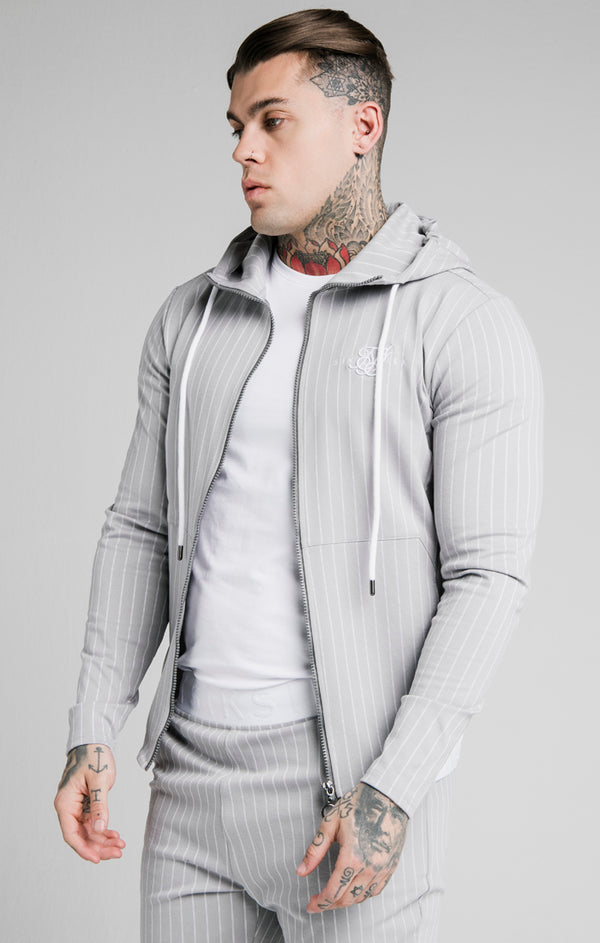 SikSilk Dual Stripe Agility Zip Through Hoodie - Grey & White