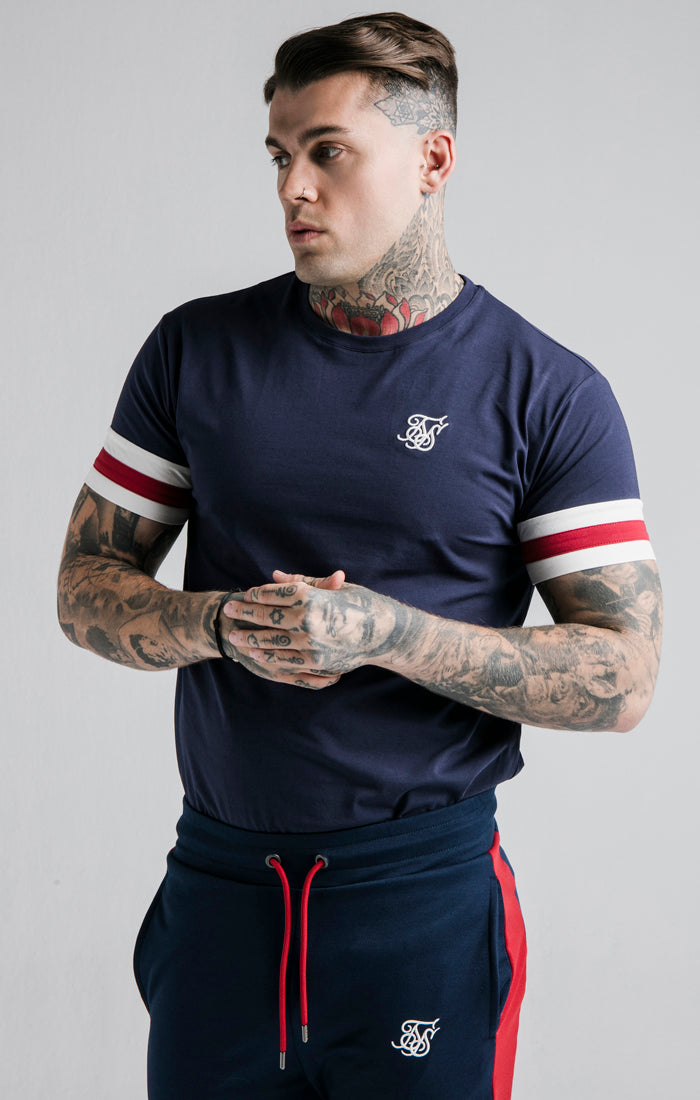 SikSilk S/S Retro Tournament Tee - Navy,Red & Off White