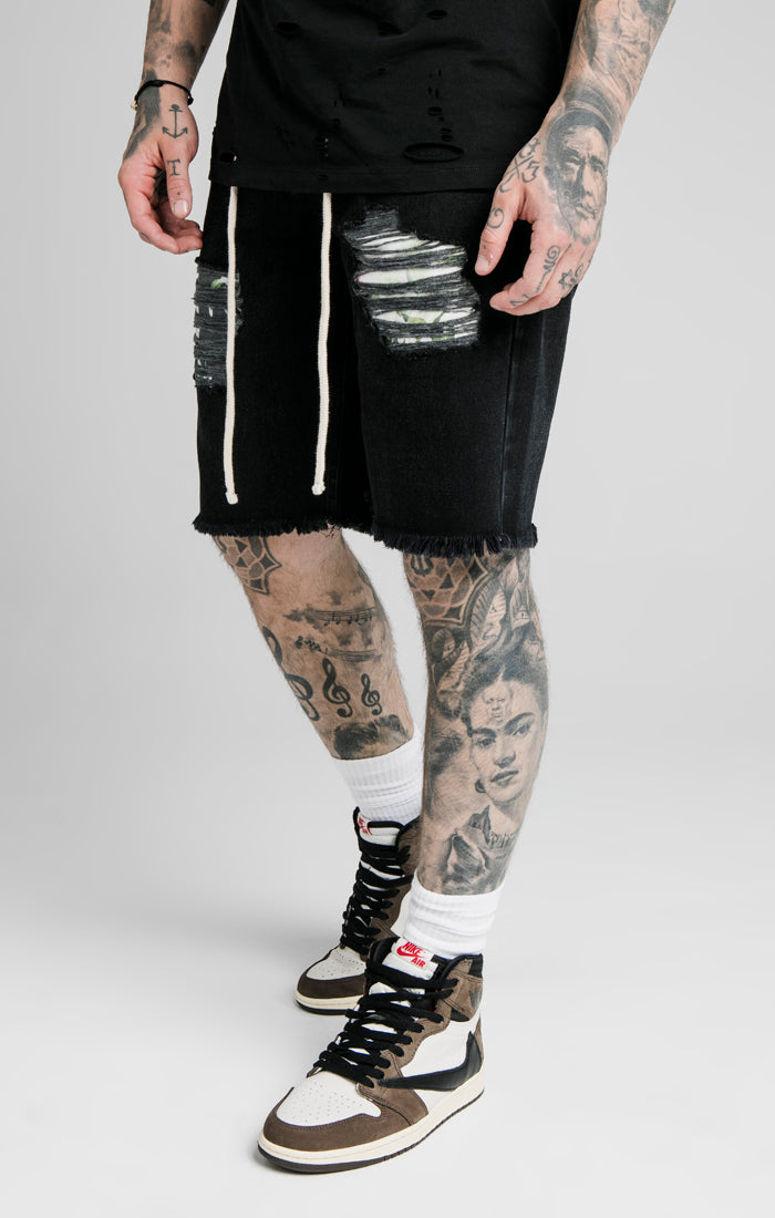 Black Floral Relaxed Denim Short