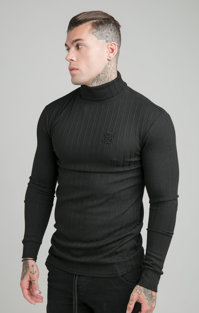 SikSilk L/S New Rib Knit Polo Neck - Black