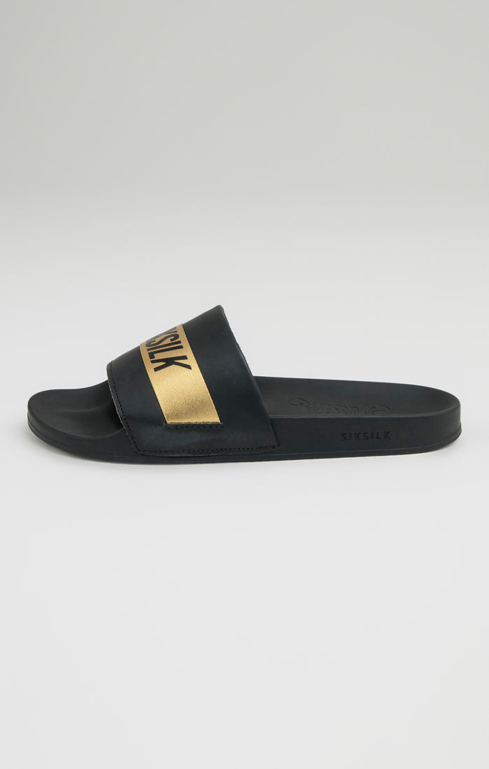 Black Pool Slide With Gold Logo Strap