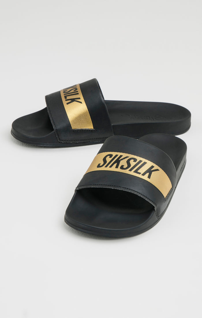 Black Pool Slide With Gold Logo Strap