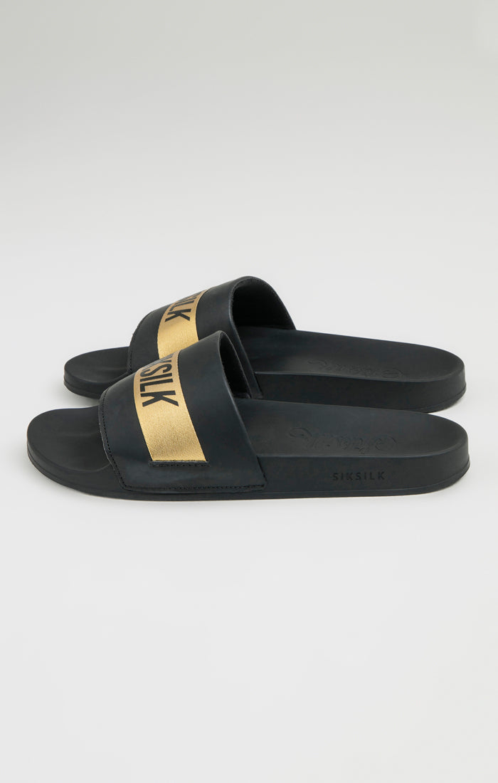 Black Pool Slide With Gold Logo Strap