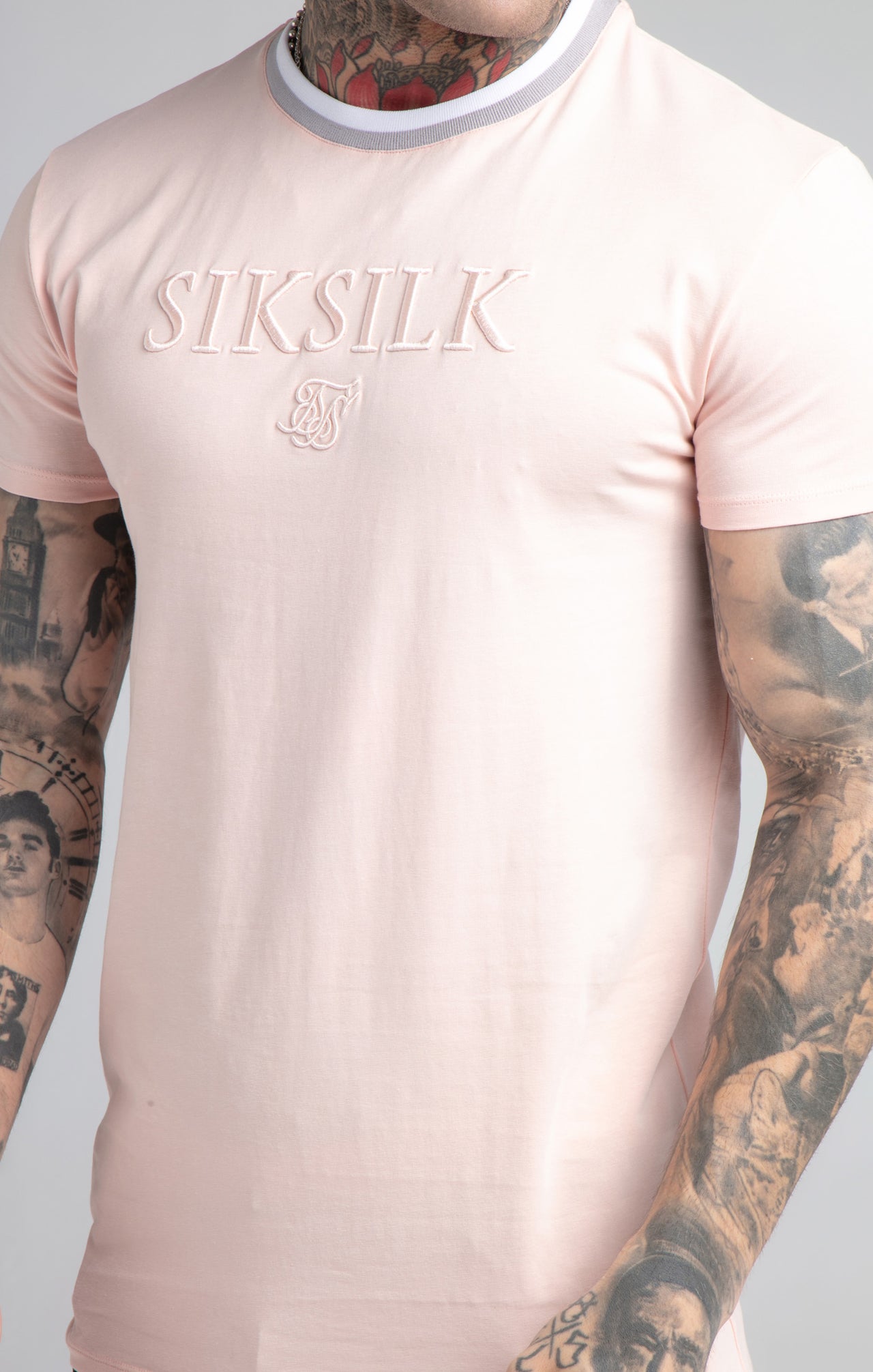 SikSilk S/S Rib Collar Gym Tee - Pastel Pink (1)