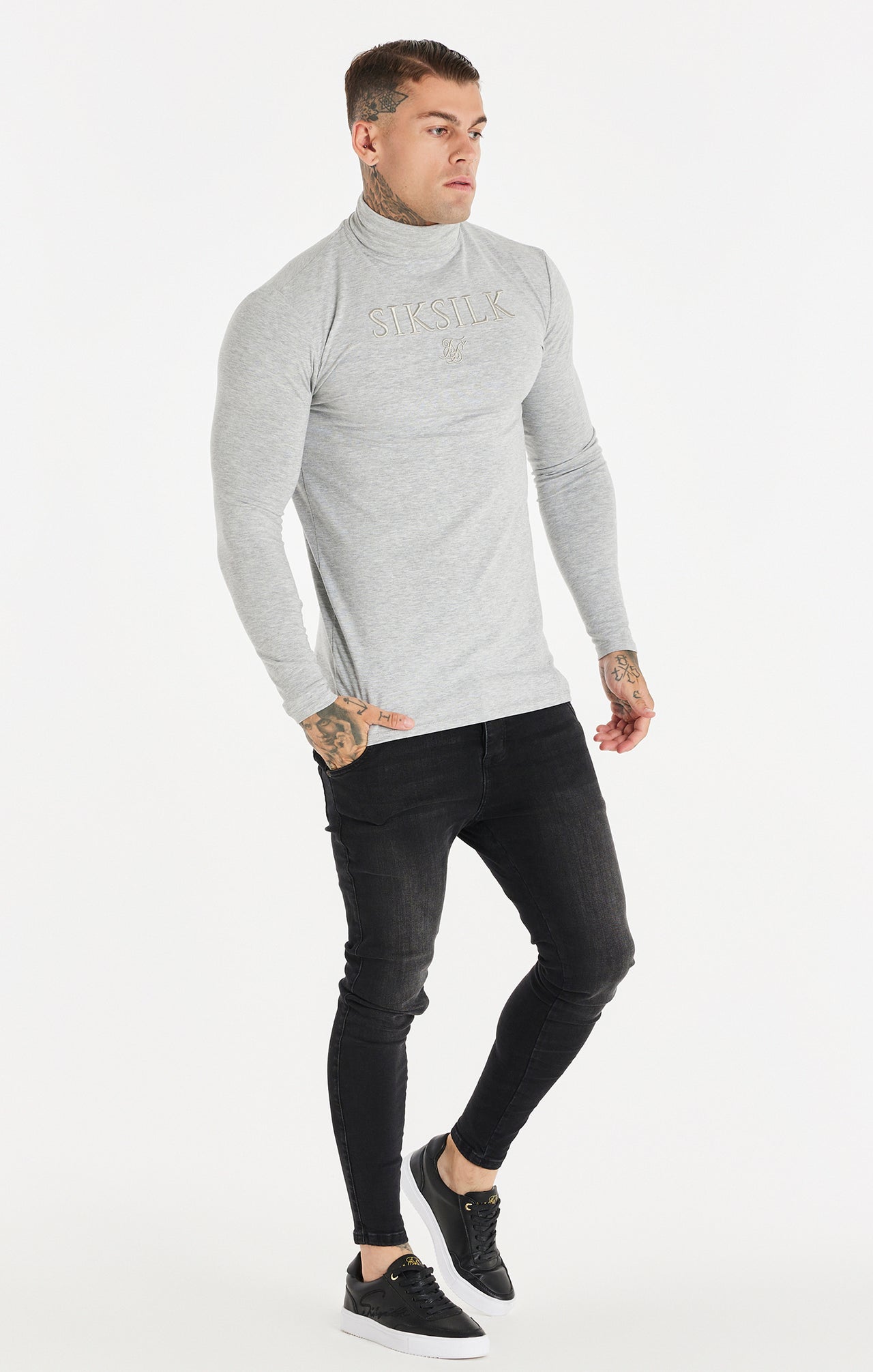 Grey Marl Long Sleeve Turtle Neck Muscle Fit T-Shirt (3)