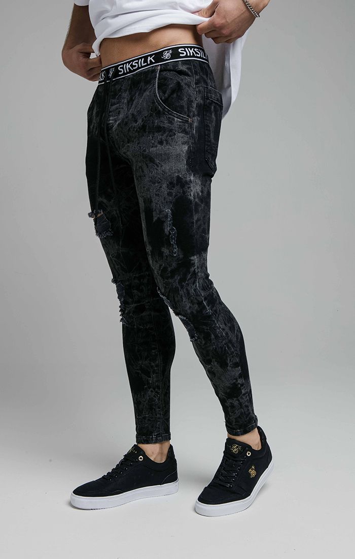 Load image into Gallery viewer, SikSilk Distressed Skinny Elasticated Jeans - Black Tie Dye