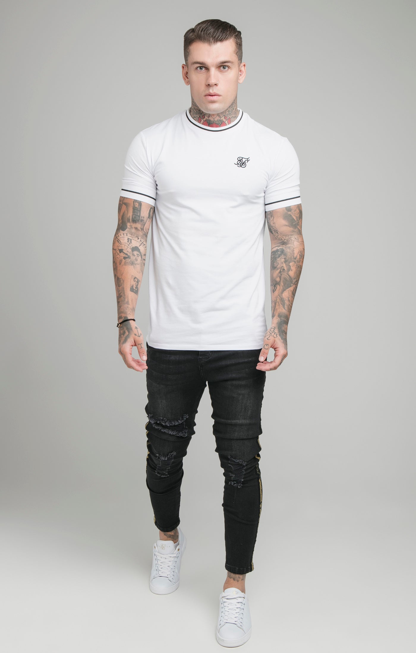Load image into Gallery viewer, SikSilk Imperial Retro Rib Gym Tee - White &amp; Black (2)