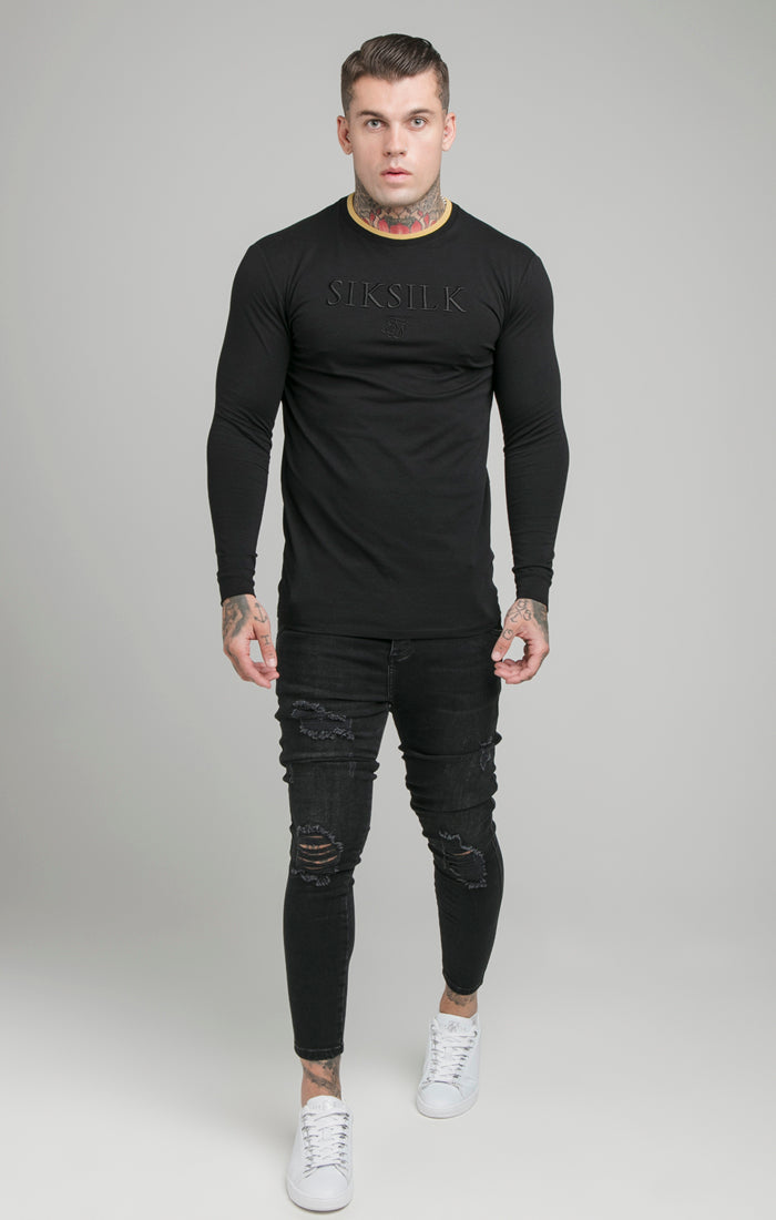 Black Long Sleeve Rib Collar Muscle Fit T-Shirt (5)