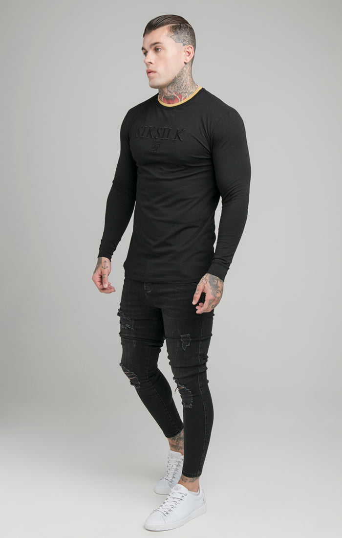 Black Long Sleeve Rib Collar Muscle Fit T-Shirt (3)