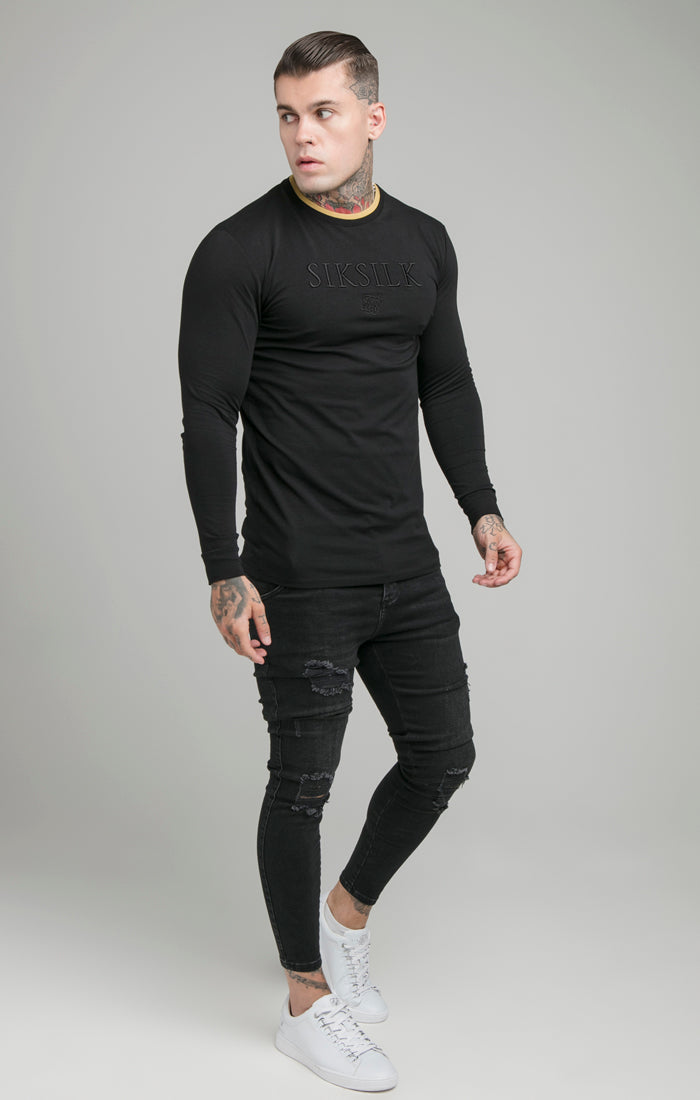 Black Long Sleeve Rib Collar Muscle Fit T-Shirt (2)