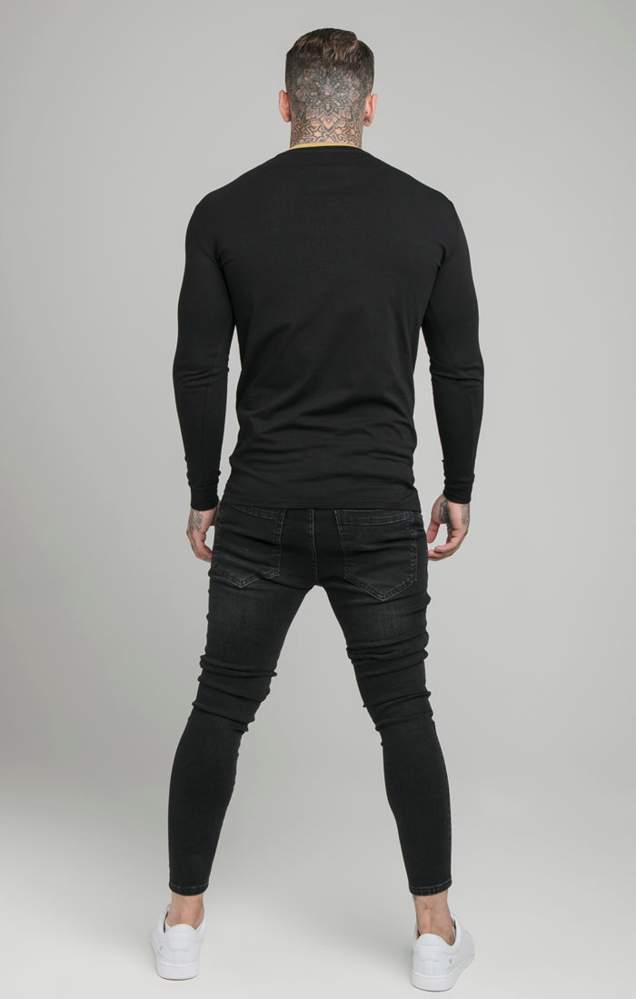 Black Long Sleeve Rib Collar Muscle Fit T-Shirt (4)