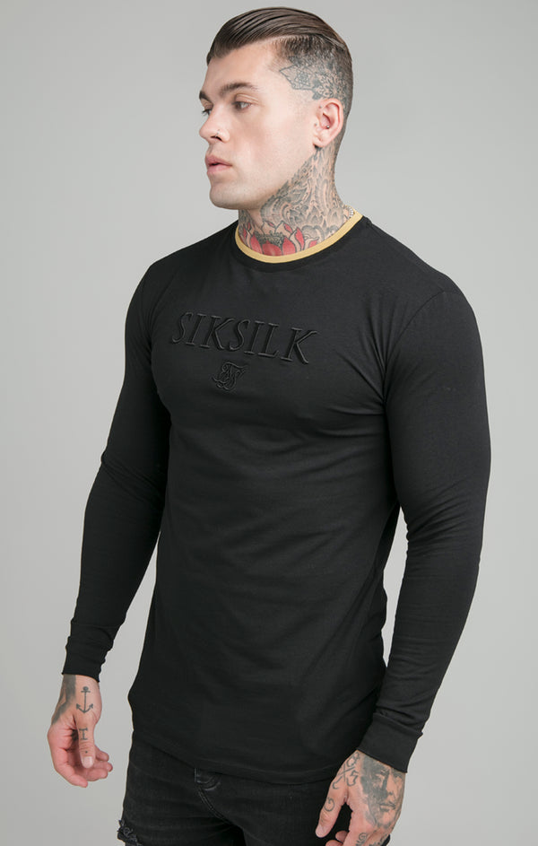 Black Long Sleeve Rib Collar Muscle Fit T-Shirt