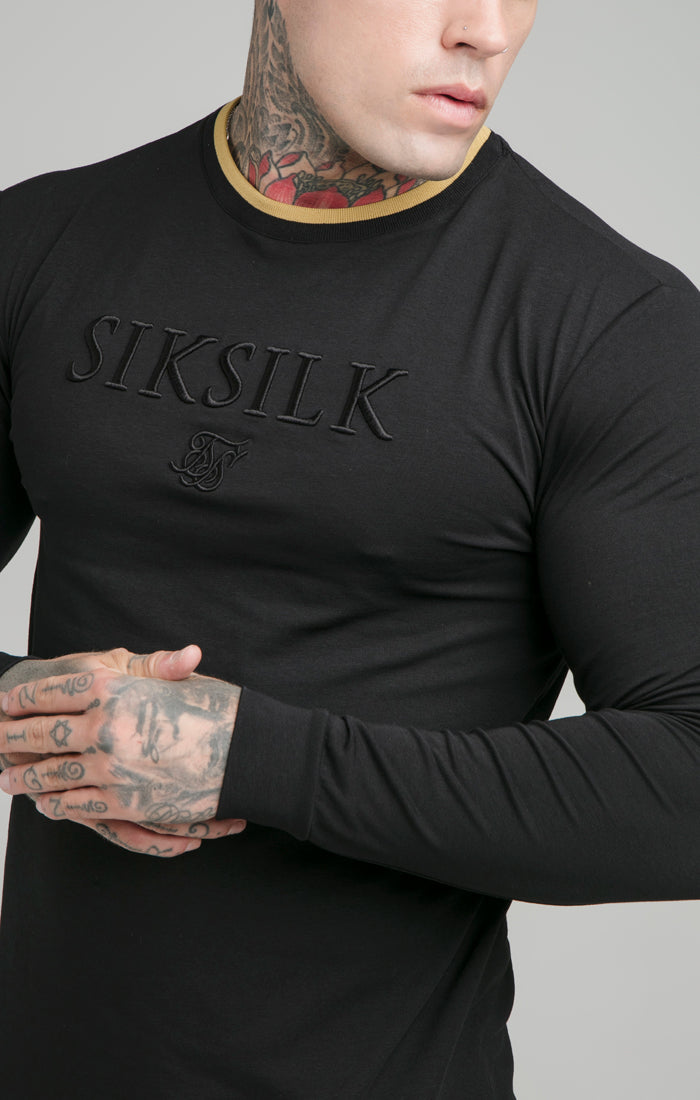 Black Long Sleeve Rib Collar Muscle Fit T-Shirt (1)