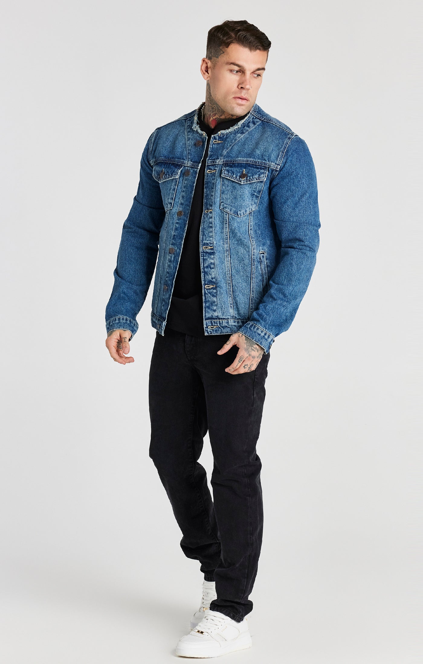 Load image into Gallery viewer, Blue Deluxe Collarless Denim Jacket (2)