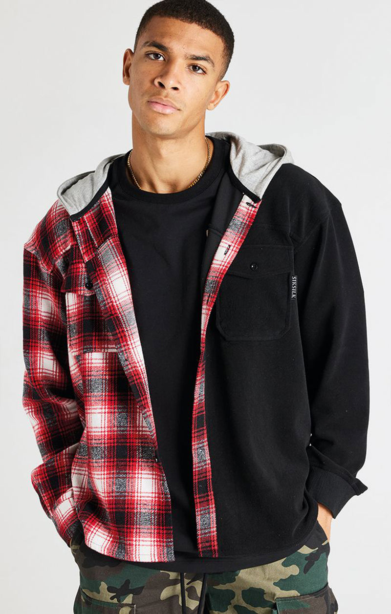 Black Half Contrast Hooded Shirt