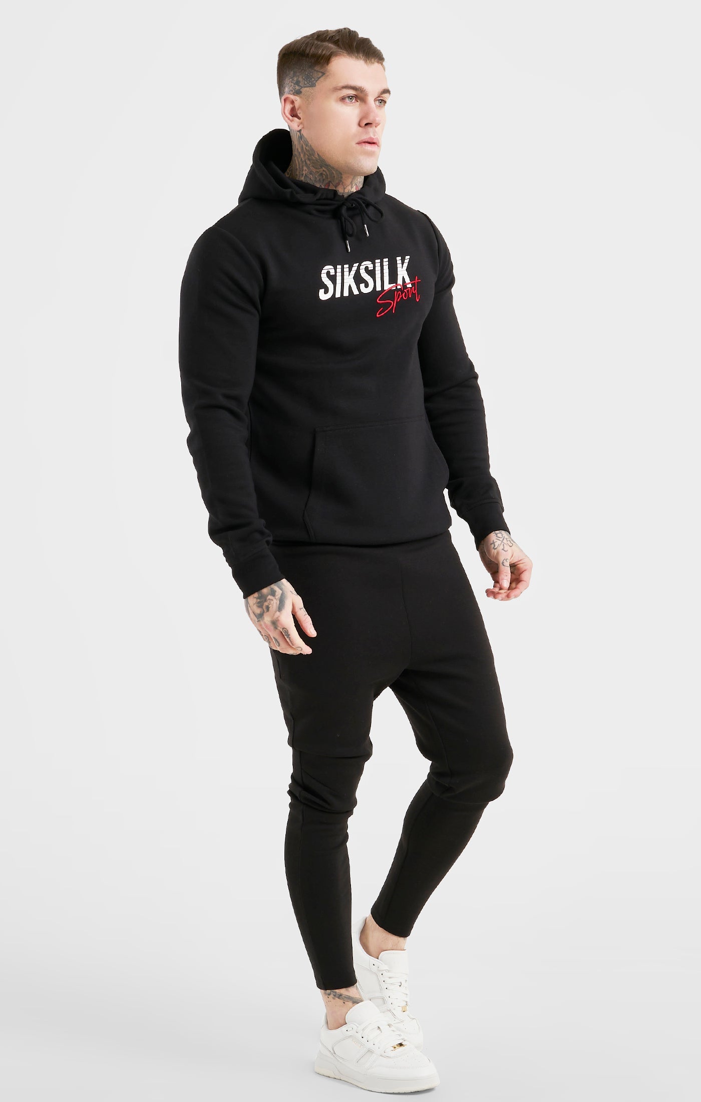 Siksilk fleece overhead hoodie & fitted joggers deals set black white logo athletic